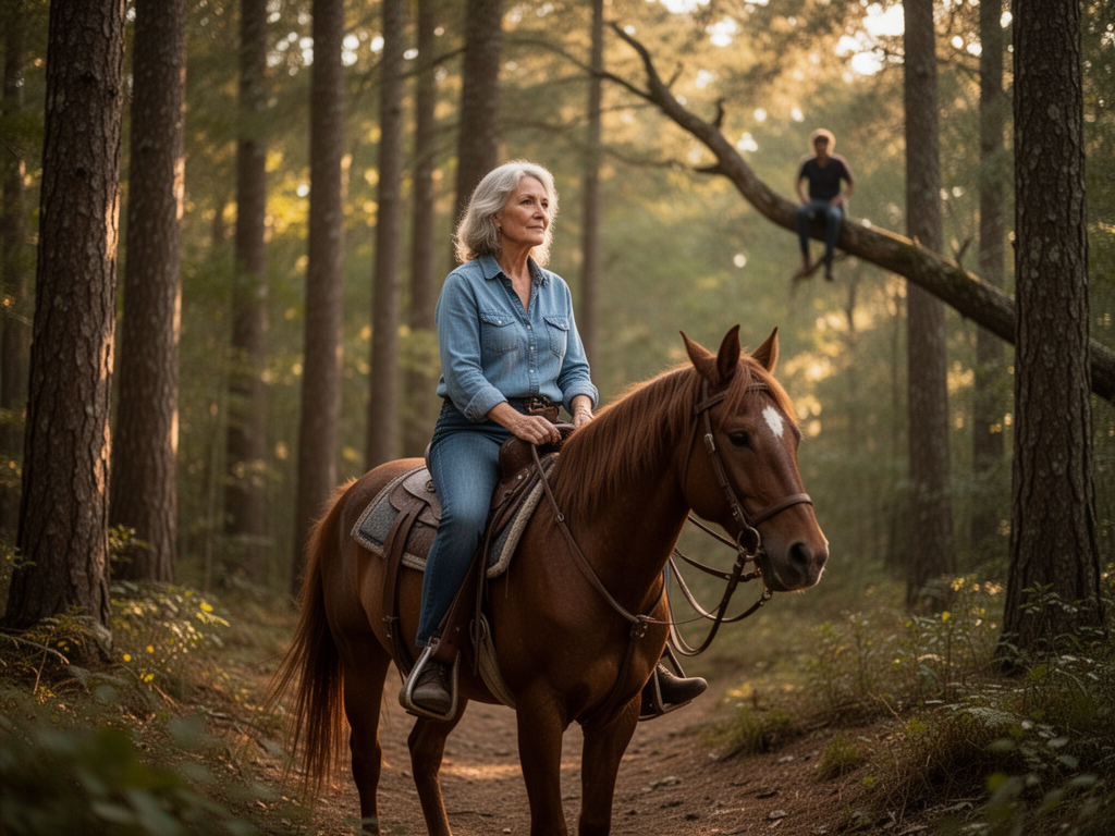 Eine Frau reitet auf einem Pferd. Im Hintergrund eine seltsame Gestalt