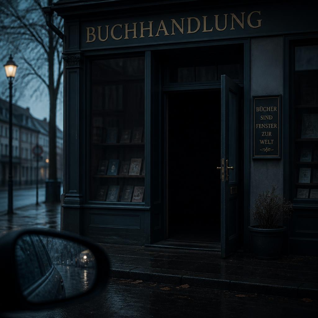 Am frühen Morgen steht die Tür des Buchladens seltsam offen